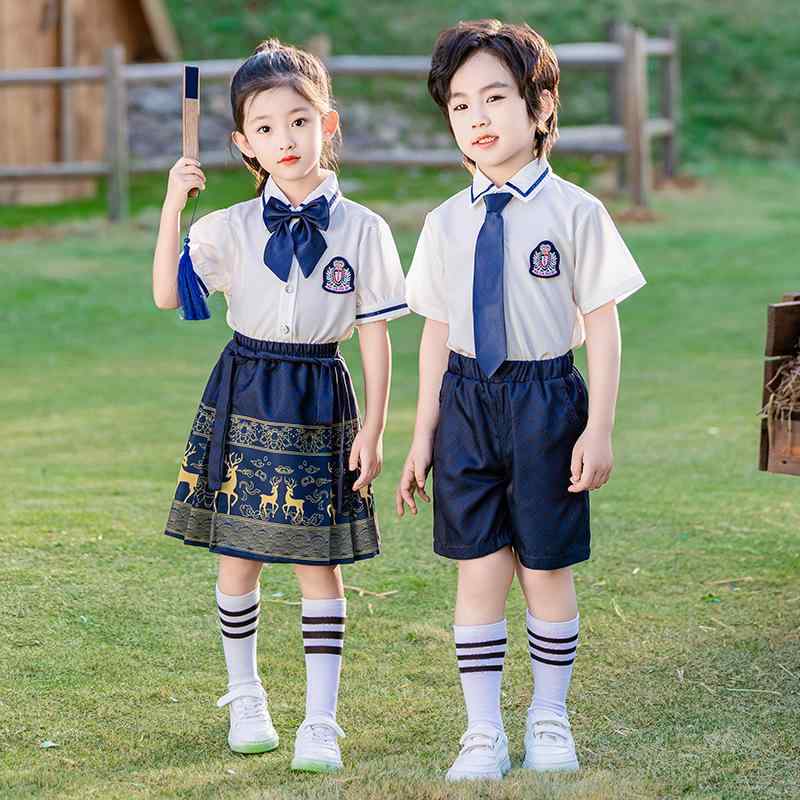 校服 キッズ 小学生 中学生 男児 女児 男女兼用 半袖 シャツ セットアップ 2点セット クラスTシャツ チャイナ風 運動会 幼稚園 園服 春夏 綿混 コットン やわらか 肌触り 吸汗 通気性