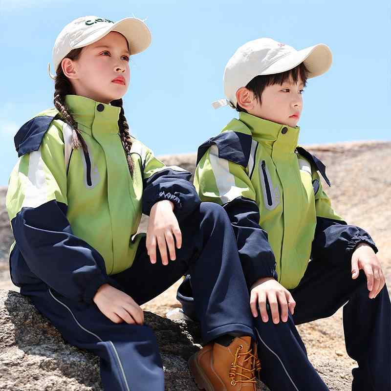 スクールウェア ジュニア 男女兼用 小学生 スポーツ ウィンドブレーカー ジップアップ 取り外し可能フード付き 長袖パンツ 3点セット ポリエステル素材 カジュアル オールシーズン