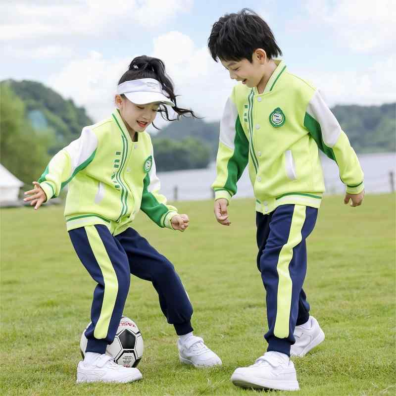 スクールユニフォーム キッズ 子供服 小学生 幼稚園 男女兼用 スポーツウェア 上下セット 通学 普段着 運動会 学園祭 コットン 柔らかい カジュアル スクールスタイル ベースボールウェア スタジャン 春秋 グリーン 緑