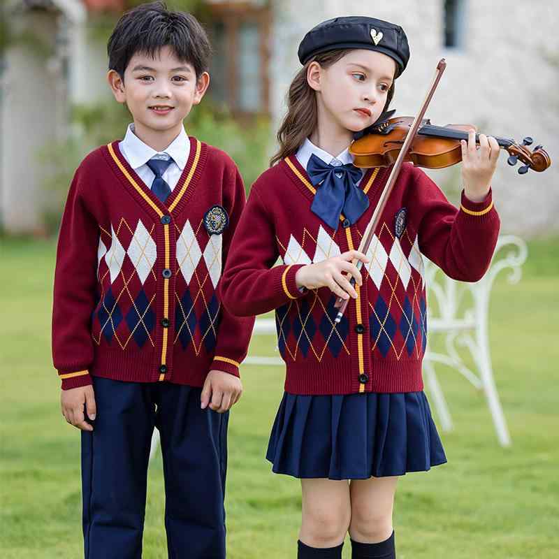 制服 キッズ 男女兼用 小学生 幼稚園 春秋 長袖 上下セット 4点セット 英国風 ブリティッシュスタイル クラス服 発表会 合唱 演奏会 イベント コットン ニット ソフト加工