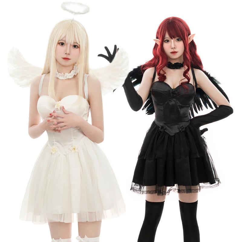 コスプレ衣装 レディース ハロウィン 白い天使 悪魔 黒天使 羽付き ワンピース ミニ丈 ポリエステル かわいい系 清楚 イベント 仮装 パーティー 舞台 演出