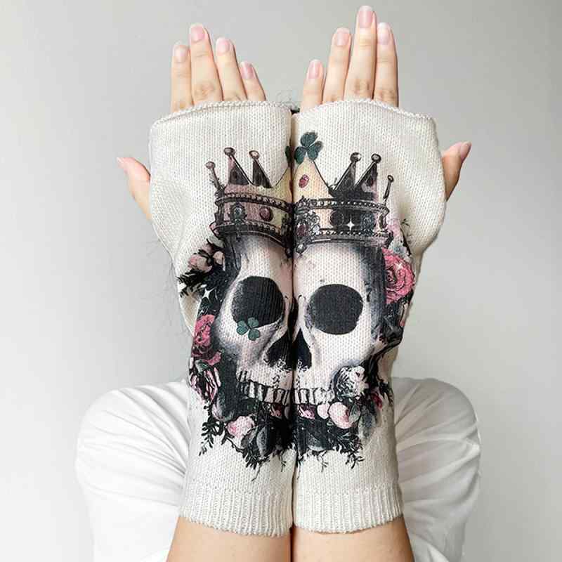 指なし手袋 防寒 防風 秋冬 ダークパンク ハロウィン 王冠スカルプリント アームウォーマー ユニセックス ポリエステル製 ストリートファッション ワンサイズ対応 ブラック ホワイト