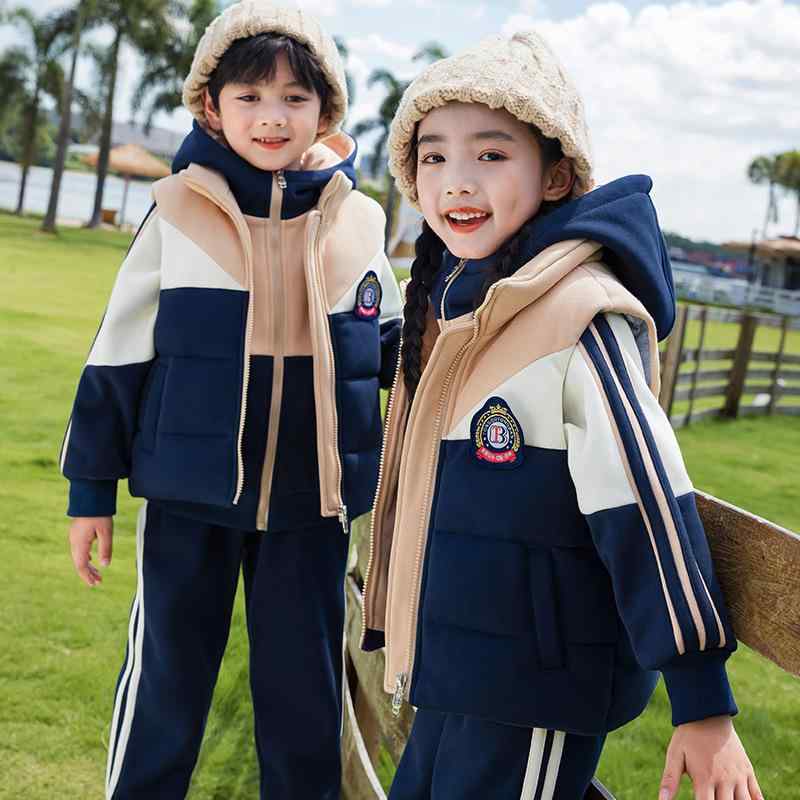 制服 キッズ 小学生 幼稚園 男の子 女の子 秋冬 裏起毛 厚手 通学用 カジュアル 綿素材 ジップアップ ベスト 3点セット