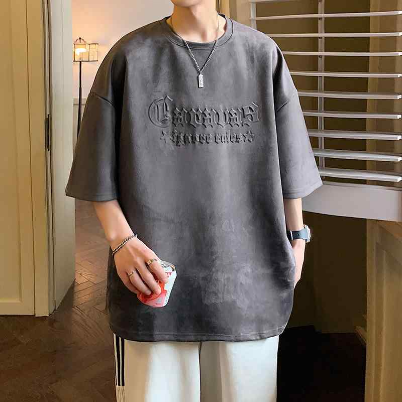 Tシャツ メンズ 半袖 スエード調 薄手 通気性 クルーネック ゆったり ビッグシルエット ポリエステル 夏 レトロ アメカジ 英字プリント ストリート系ファッション カジュアル