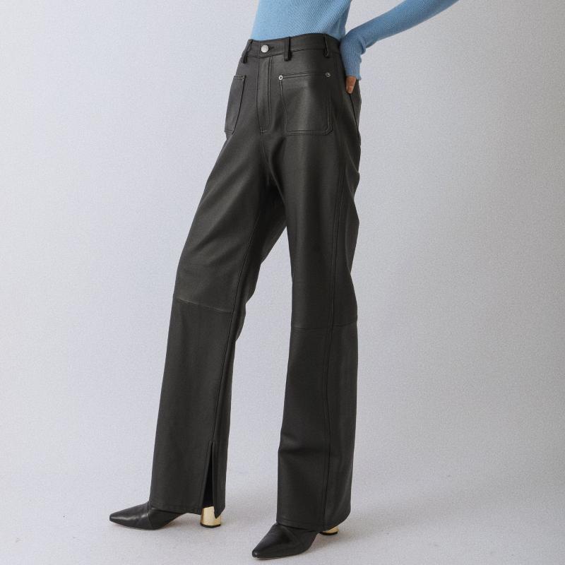 レザーパンツ レディース 羊革 本革 ワイドレッグパンツ ロング丈 ゆったり ハイウエスト ライトコーティング ブラック 秋冬 通勤 オフィスカジュアル 体型カバー 美脚 脚長効果