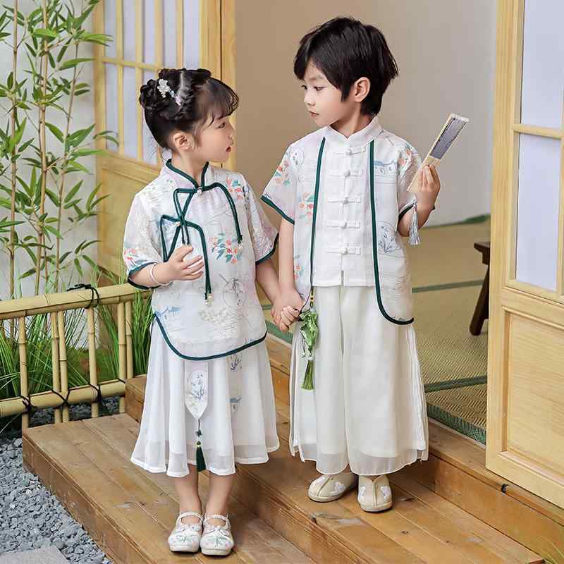 子供用 民族衣装 男の子 女の子 夏物 薄手 半袖 中国風 漢服 唐装 改良デザイン 端午の節句 発表会 舞台 イベント 綿素材 柔らか肌触り コスチューム