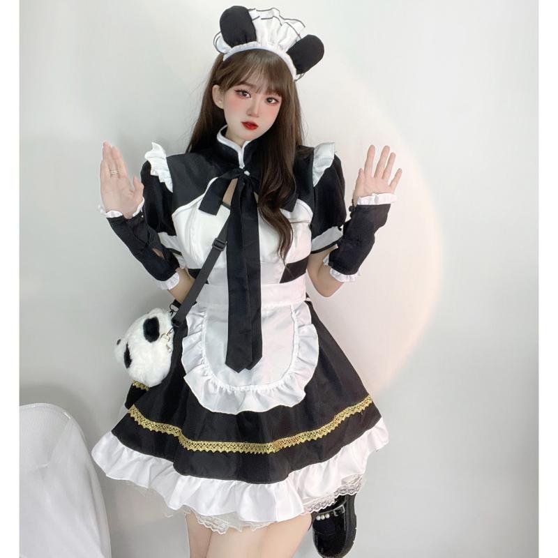 ワンピース レディース かわいい ロリータ メイド服 パンダ コスプレ 衣装 仮装 イベント アニメ 撮影 白黒 バイカラー ポリエステル 混紡素材