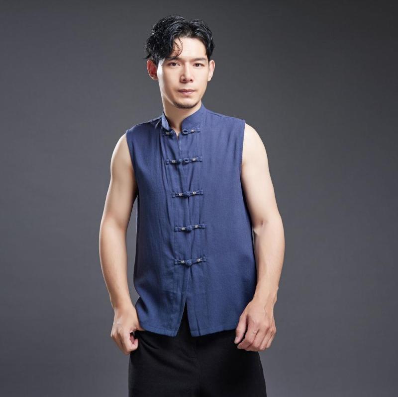 ベスト メンズ 軽量 薄手 通気性 春夏 綿麻 コットンリネン カジュアル レトロ ヴィンテージ スタンドカラー 福文字 チベットシルバー調ボタン ウォッシュ加工 スリムフィット