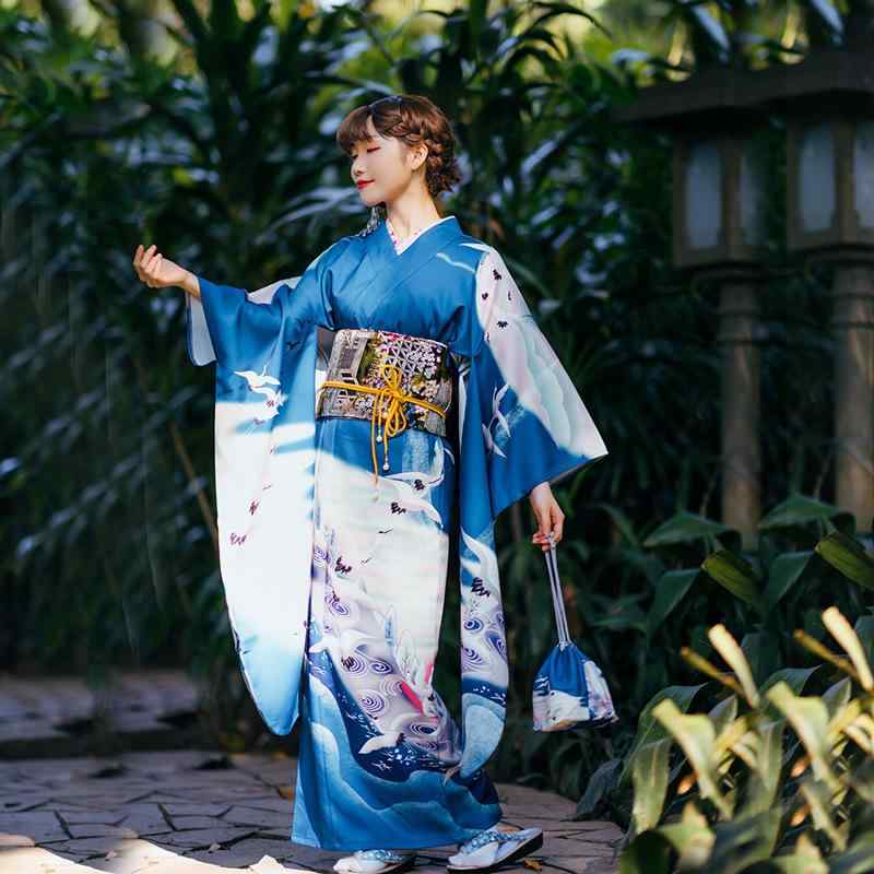 和服 レディース 振袖 ハリ感 シワになりにくい フォーマル 改良着物 簡単着付け 鶴模様 セットアップ ポリエステル ブルー 春夏 成人式 イベント 7,541円