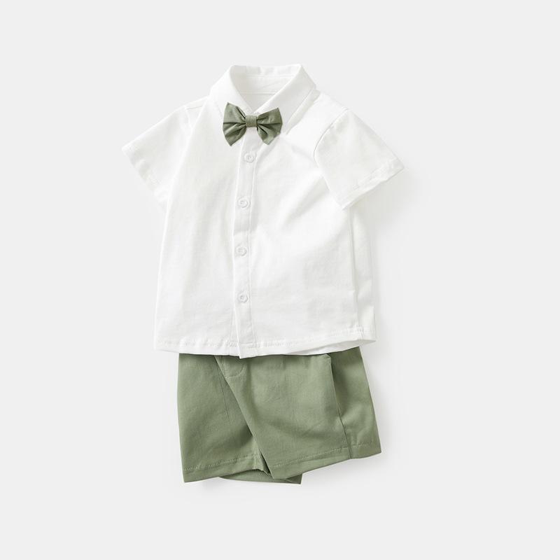ベビー服 男の子 男児 綿100% ソフト 半袖 シャツ 蝶ネクタイ付き ショートパンツ 2点セット 春夏 韓国ファッション お出かけ オリーブグリーン 80 90 100 110 120cm対応