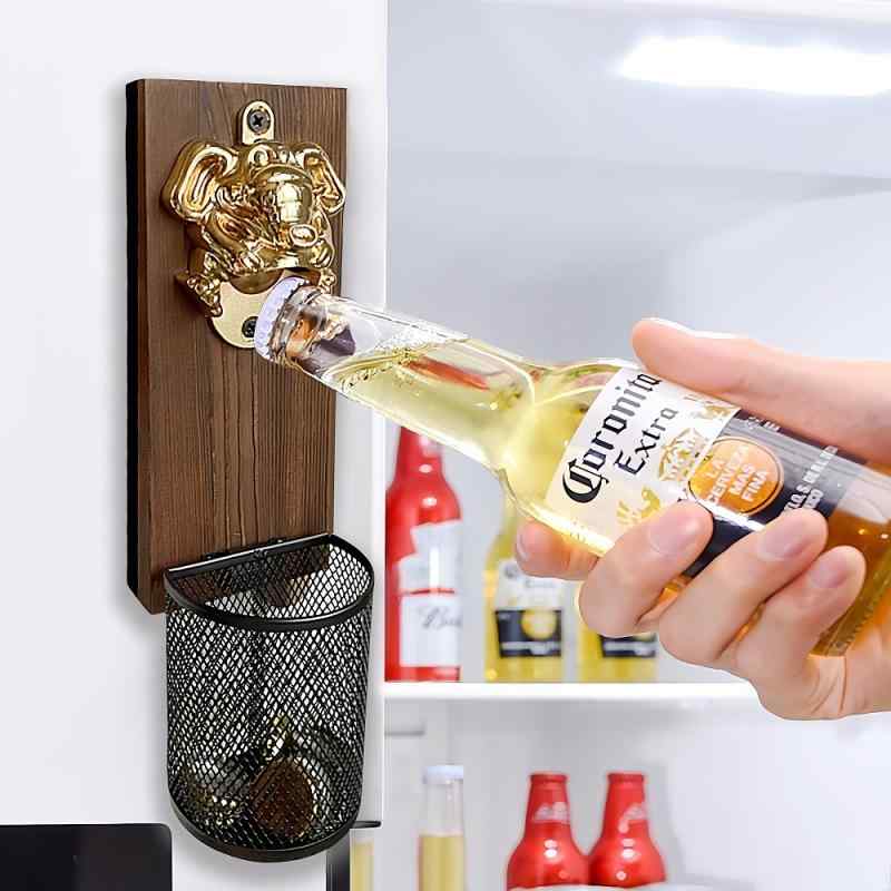 ビール栓抜き マグネット 冷蔵庫 壁掛け 収納バスケット付き ゾウモチーフ 木製 おしゃれ ボトルオープナー 多機能 家庭用 業務用 キッチン バー インテリア雑貨 ゴールド シルバー 開栓器 ギフト