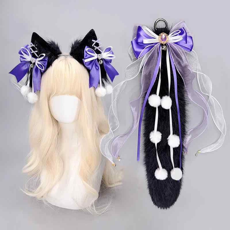 コスプレ ロリータ レディース 大人用 オオカミ耳 カチューシャ ふわふわ もこもこテール 古典風 キツネしっぽ ハンドメイド けもみみ 仮装 変装 セット