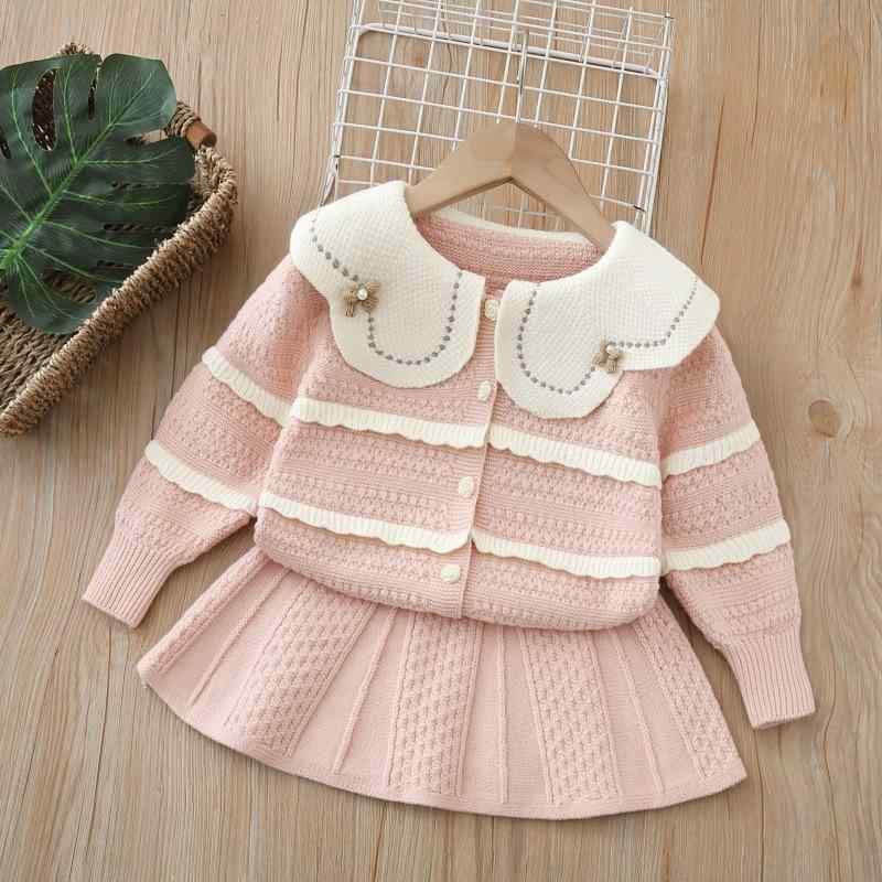 キッズ 女の子 ニットセットアップ ビッグカラー 長袖 カーディガン 長パンツ 2点セット 秋冬春 花柄 ソフト アクリル素材 通園 通学 カジュアル