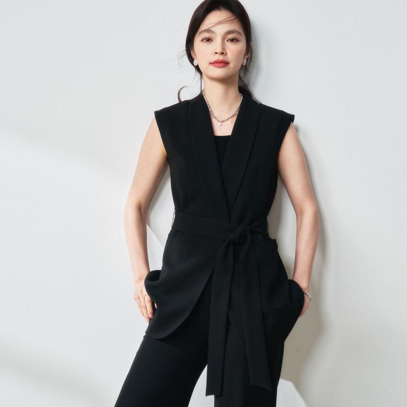 セットアップ レディース 春夏 形態安定 ドレープ感 ショールカラー ノースリーブ ベスト ジレ ハイウエスト ストレート ロングパンツ 通勤 エレガント