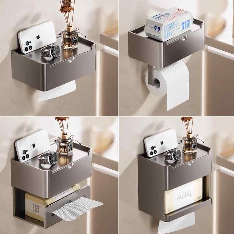 トイレットペーパーホルダー ティッシュケース 穴あけ不要 壁掛け式 防水 取り外し可能 お手入れ簡単 浴室 洗面所 家庭用 アルミ合金製 収納ラック ダークグレー クリームホワイト｜モズラボ