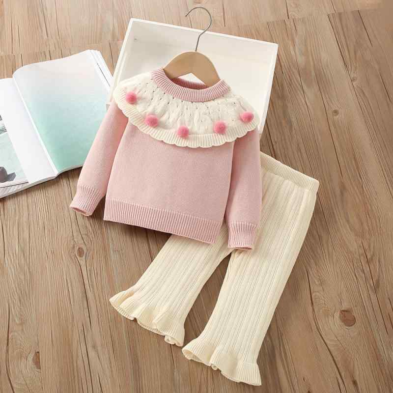 ニットセットアップ キッズ 女の子 秋冬 立体ポンポン プルオーバー ニットトップス ロングパンツ 2点セット 柔らかい アクリル素材 無地 かわいい 部屋着 普段着 お出かけ 通園着 ピンク ベージュ 長袖