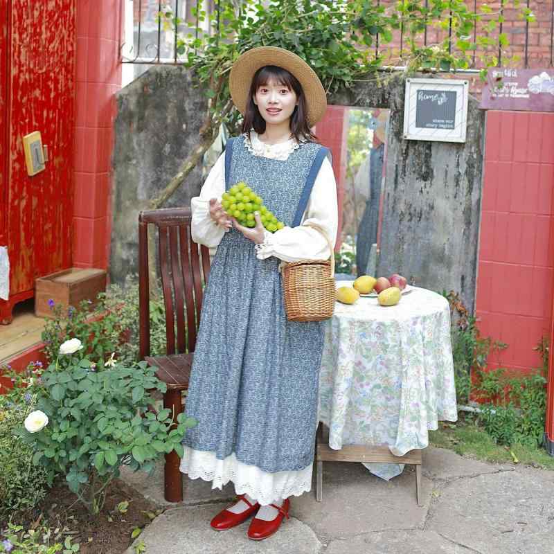 ワンピース レディース 春夏 綿麻 コットンリネン スクエアネック 小花柄 ゆったり ルーズフィット レトロ フェミニン レイヤード 裾フリル キャミソールロングワンピース ブルー ブラウン｜モズラボ