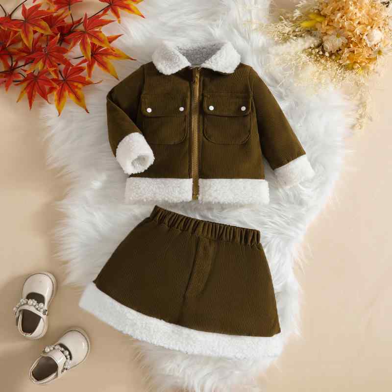 ベビー服 女の子 キッズ コーデュロイ もこもこ 襟付き ポケット ジッパー トップス スカート 2点セット 春秋冬 柔らか素材 プリンセス風 普段着