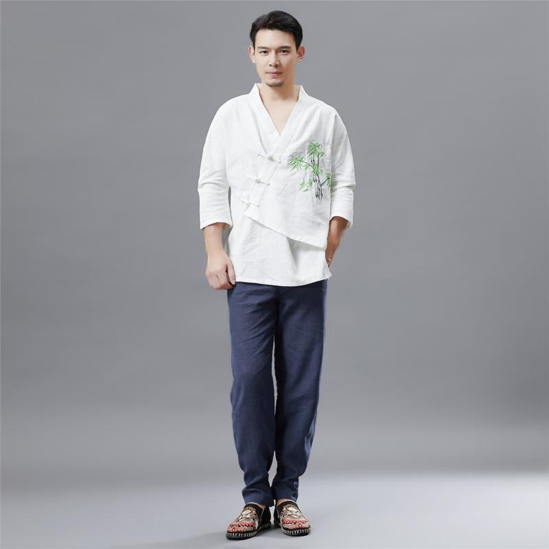 漢服風 メンズ 秋物 通気性 快適 苧麻 ラミー素材 竹刺繍 Vネック プリント 中国風 三つボタン トップス 民族衣装 普段着 カジュアルスタイル
