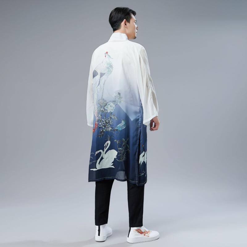 漢服 メンズ 薄手 通気性抜群 長袖 百鳥柄 シフォンプリント 改良型 中華風 オープンカラーシャツ カジュアル リラックスウェア ファッション 春夏 羽織り