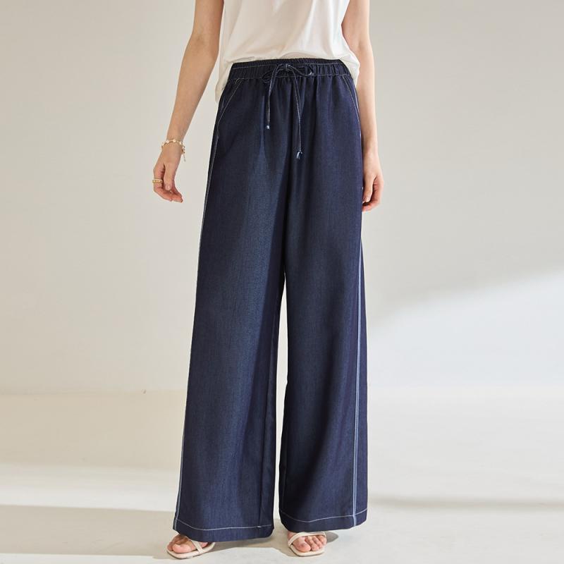 パンツ レディース 春夏 薄手 再生繊維 ウエストゴム ハイウエスト ドレープ感 細見え ゆったり 微ストレッチ ポケット付き ストレートワイドパンツ フルレングス カジュアル ルームウェア デイリーユース