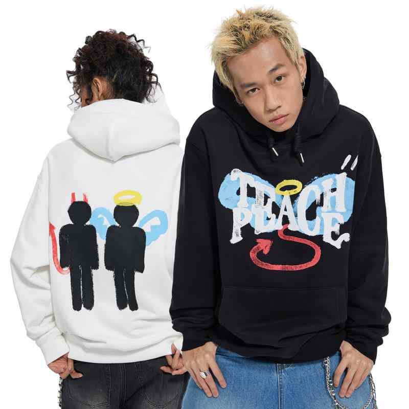 パーカー メンズ レディース オーバーサイズ ゆったり フード付き ストリート系 ファッション 天使と悪魔 モチーフ レタープリント 綿 コットン イージーケア カンガルーポケット 春秋 カジュアル 部屋着