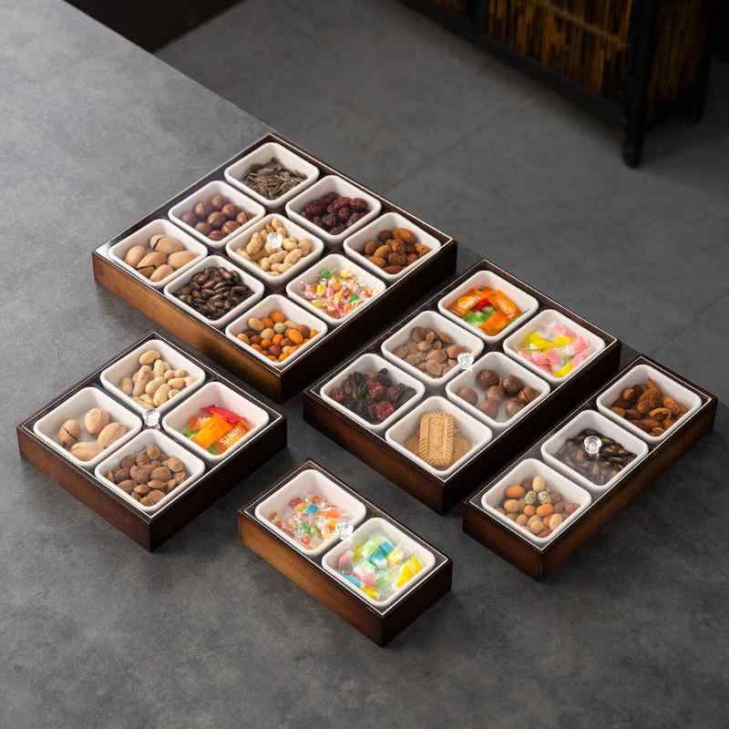 お菓子入れ リビング用 仕切り付き 多目的 竹製 ウォールナットカラー ドライフルーツ ナッツ キャンディ スナック フルーツ 和モダン 新中式 収納トレイ