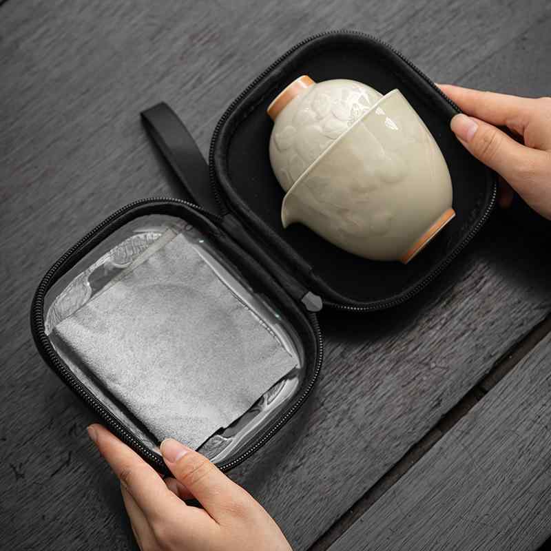 茶器セット 旅行 携帯用 一人用 陶器製 草木灰釉 柿モチーフ 縁起物 急須 カップ2個 ベージュ 青磁 中国風 新中式 功夫茶 専用収納バッグ付き