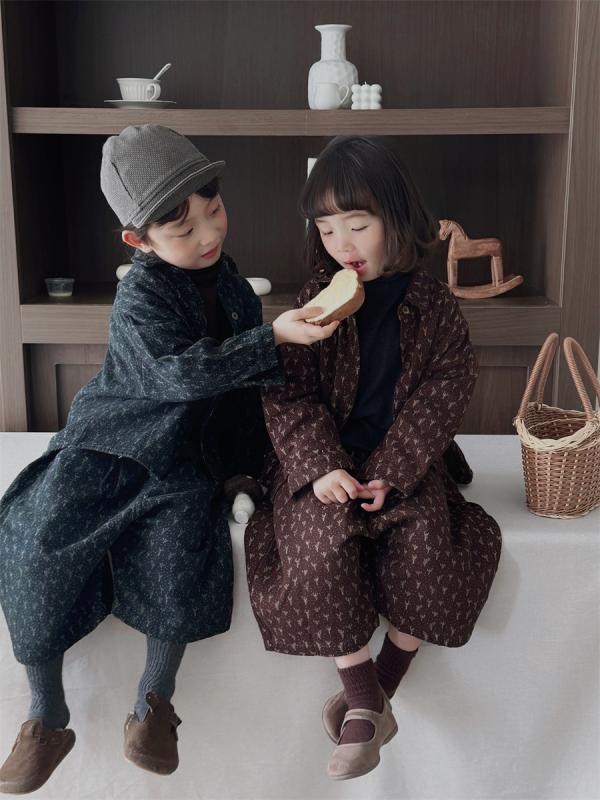 キッズ 男の子 女の子 男女兼用 韓国子供服 柔らかコットン素材 春 秋 長袖シャツ 小花柄 レトロ ワイドパンツ 2点セット セットアップ グリーン ブラウン 普段着 お出かけ