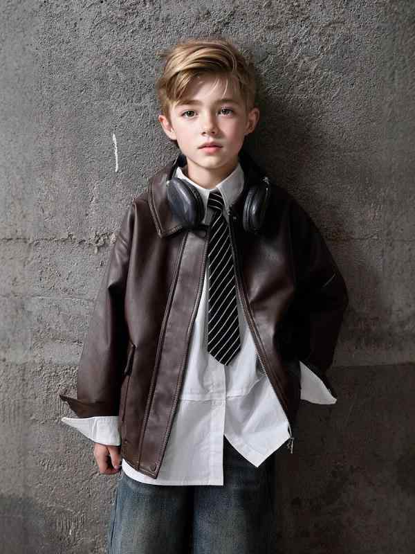 キッズ 男児 ジュニア PUレザー ライダース ジャケット 襟付き ジップアップ 春アウター ショート丈 クール おしゃれ 無地 柔らか素材 ポリエステル裏地 ブラウン ブラック