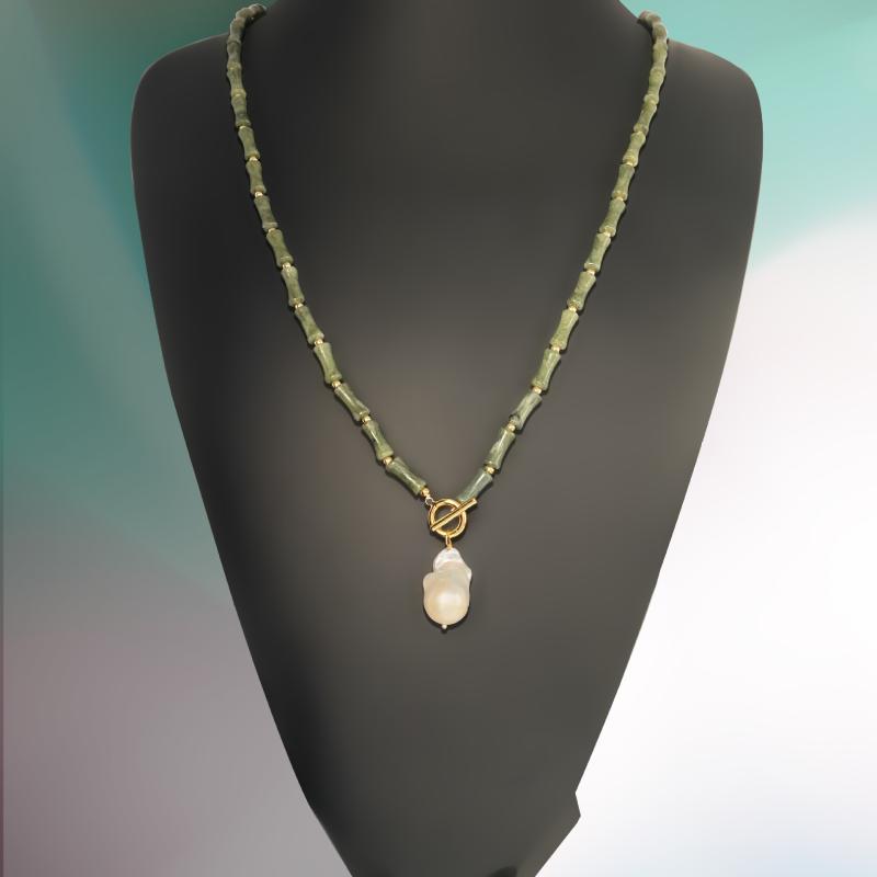 ネックレス レディース ハンドメイド 岫岩玉 バロックパール ペンダント 竹節チェーン 個性的デザイン シンプル おしゃれ 新中華風 ヴィンテージ風 トレンド アクセサリー 4,863円