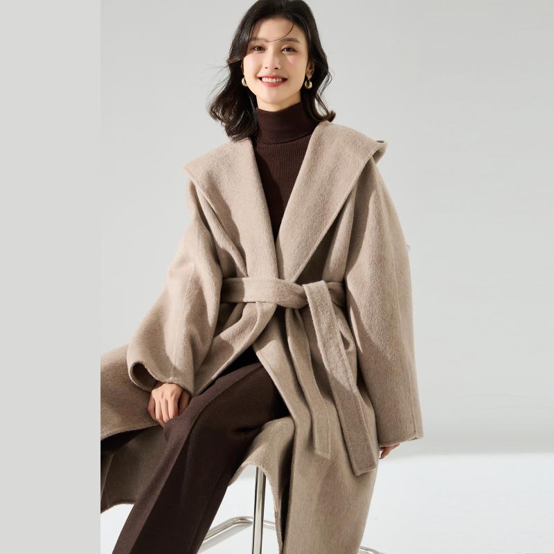 コート レディース ロング丈 高級感 シルク カシミヤ ウール ダブルフェイス フード付き ガウンコート ベルテッド ゆったり 体型カバー 厚手 暖か 保温 通勤 オフィス きれいめ 大人|モズラボ