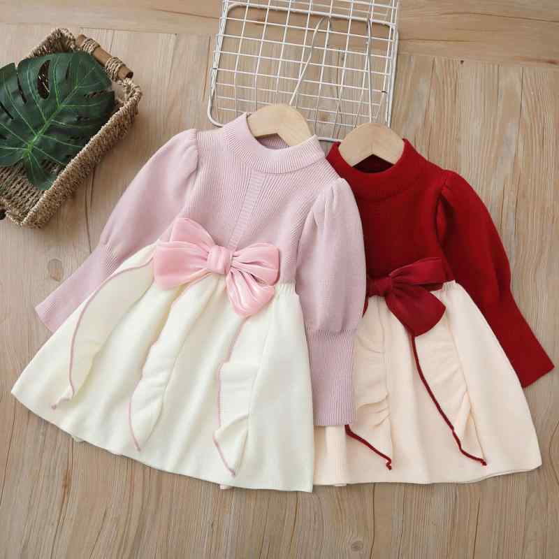 ニットワンピース 女の子 キッズ 子供服 長袖 ラウンドネック リボン 上品エレガントスタイル かわいい プルオーバー ロング丈 秋冬 裏起毛 暖かい 通学 お出かけ アクリル