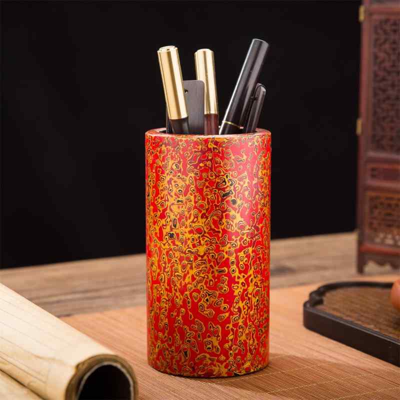 ペン立て 高級感 無垢材 紅木 中国風 大漆 工芸品 卓上収納 デスク 置物 オブジェ 円形 オフィス ビジネス 筆筒 書斎 贈り物 ギフト