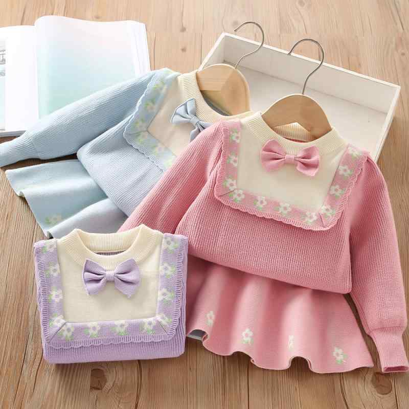 ニット セットアップ キッズ 女の子 長袖 韓国風 かわいい リボン 無地 アクリル セーター スカート 2点セット 秋冬春 スリーシーズン 通園 通学 カジュアル ピンク ラベンダー ライトブルー 90 100 110 120 130cm