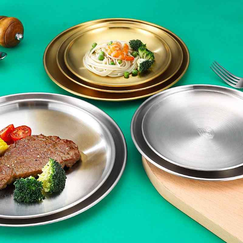 皿 304ステンレス 丸型 韓国風 レトロ調 焼肉プレート フルーツ デザート ケーキ 取り皿 ビュッフェ トレイ 多目的 業務用 家庭用 おしゃれ 食器 銀色 金色 丈夫