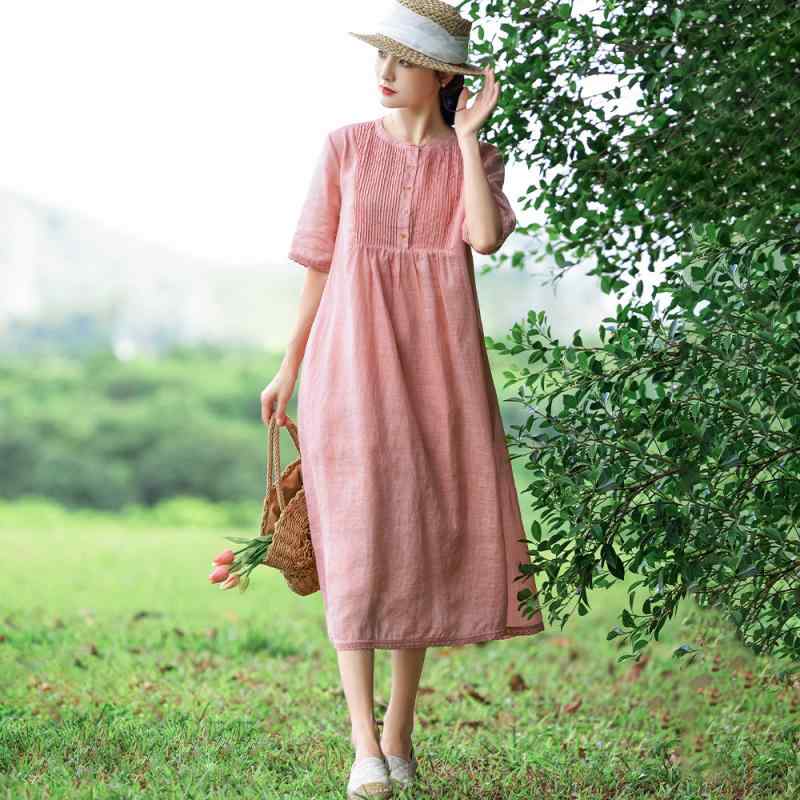 ワンピース レディース 春夏 ラミー ジャカード ゆったり レトロ カジュアル レース 二重 プリーツ 体型カバー 細見え 丸襟 五分袖 Aライン ロング丈｜モズラボ