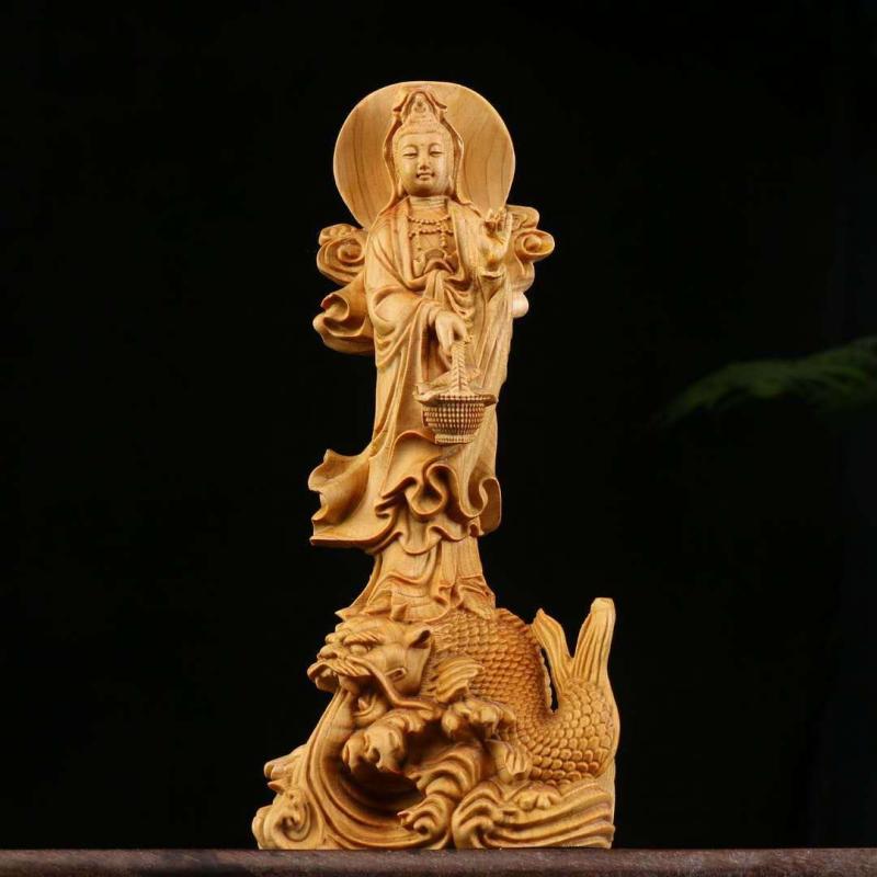 置物 観音像 仏像 黄楊木 ツゲ材 彫刻 滴水観音 神獣 インテリア オブジェ 飾り物 新中式 縁起物 開運 金運 風水 魔除け 厄除け ヒーリング アイテム