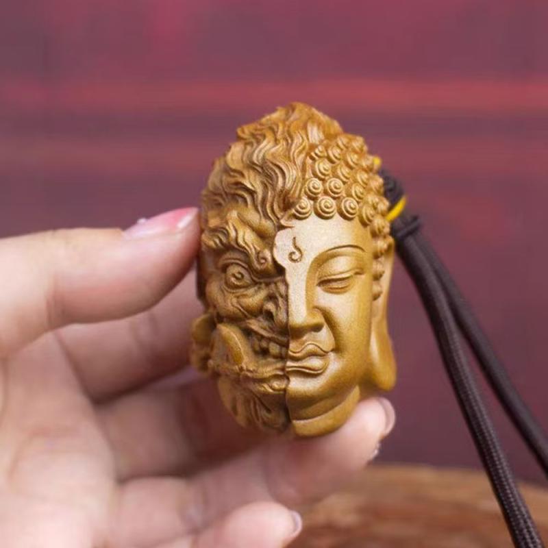 木彫り 老山白檀 天然木製 精巧な彫刻 約6cm 仏頭 仏魔 一念之間 手持ち 置物 掛け飾り 文玩 厄除け 魔除け 瞑想 開運 インテリア コレクション 工芸品