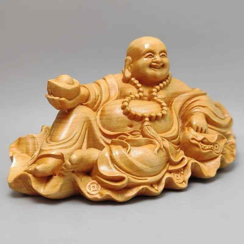 置物 崖柏 木製 木彫り 蓮の葉 元宝 弥勒仏 布袋様 縁起物 開運 ラッキーアイテム 商売繁盛 卓上 デスク オフィス リビング 玄関 インテリア ギフト プレゼント 新築祝い 開店祝い 飾り