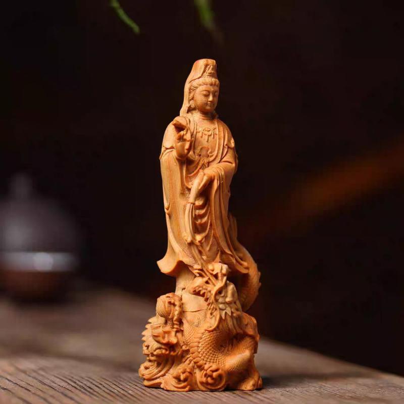 仏像 置物 御龍観音 天然 崖柏木 無垢材 木彫り 精巧 彫刻 インテリア オブジェ 開運 縁起物 玄関 リビング 書斎 中華風 アジアンテイスト