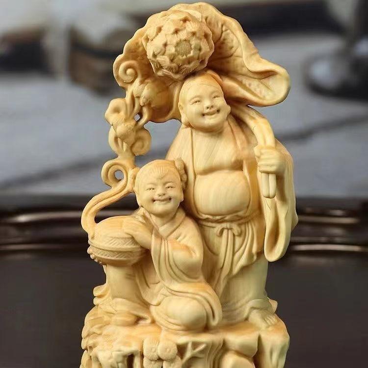 置物 ツゲの木 彫刻 合和二仙 開運 縁起物 握り物 インテリア オブジェ 新中式 モダン 中国風 手磨き 飾り 卓上 車内装飾 リビング 贈り物 ギフト プレゼント