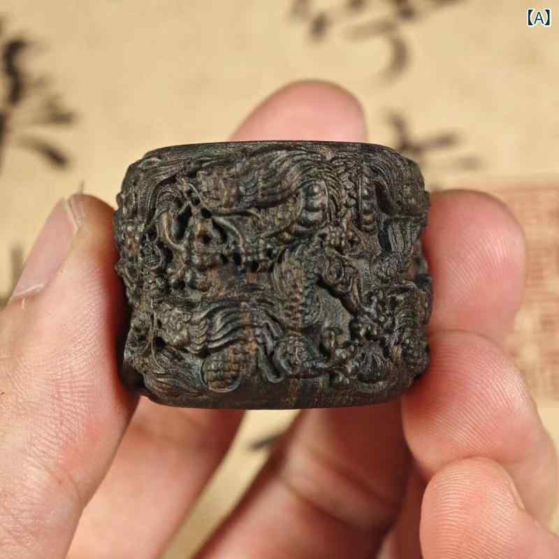 指輪 インドネシア沈香木 精密彫刻 九龍戯珠 浮彫 レトロ調 ファッション 禅テイスト 開運 縁起物 サムリング