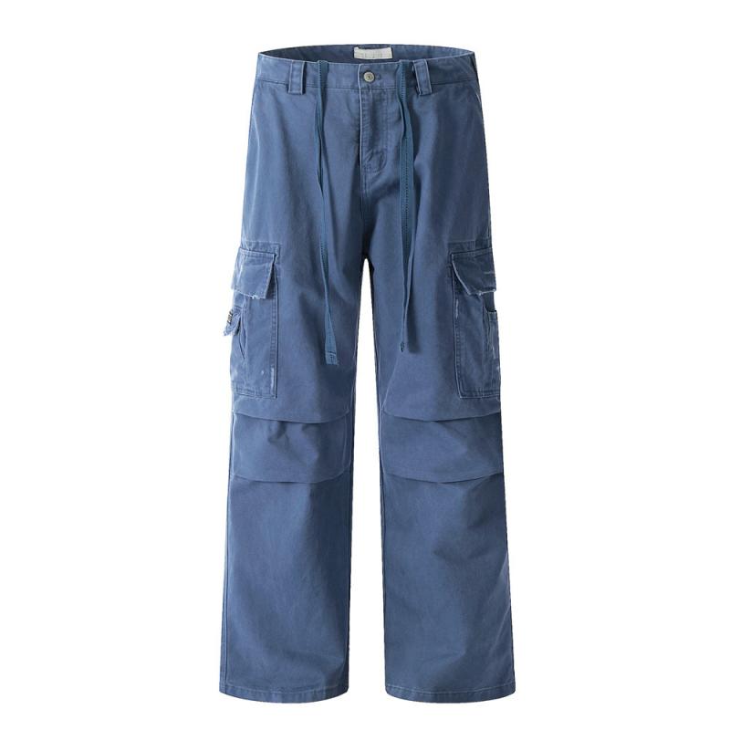 パンツ メンズ ワークパンツ 無地 レトロ パンク ストリート カジュアル ダメージ加工 プリーツデザイン ルーズフィット ワイドレッグ ストレート コットン オールシーズン