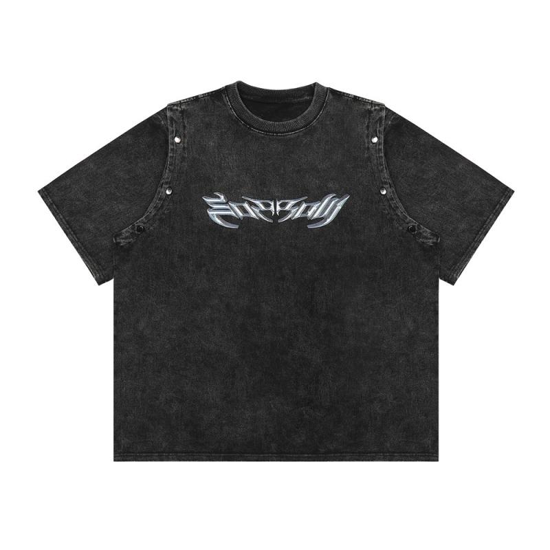 Tシャツ メンズ 通気性 ルーズフィット ストリート系 パンク 個性的 アルファベット クルーネック 綿 ウォッシュ加工 5分袖 春夏 カジュアル