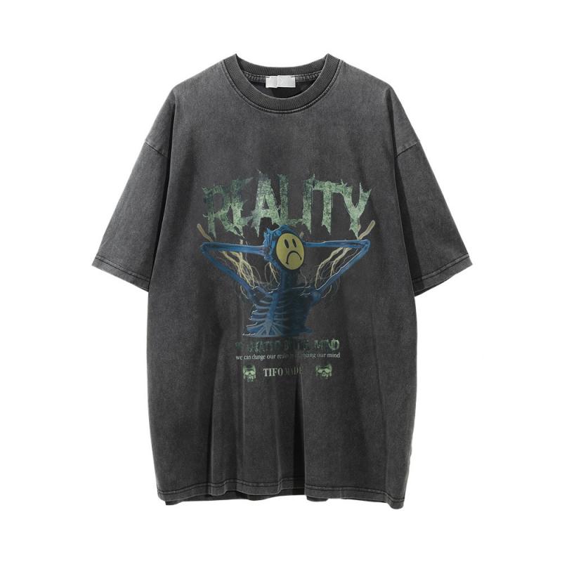 Tシャツ メンズ 通気性 ドロップショルダー ダーク系 ストリート スカルプリント ゆったり ルーズフィット 半袖 ウォッシュ加工 クルーネック 綿素材 夏 カジュアル