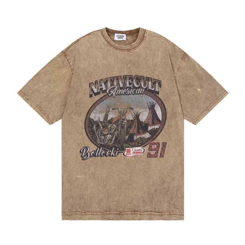 Tシャツ メンズ ストリートファッション レトロ ウォッシュ加工 バイク アルファベットロゴ グラフィックプリント 半袖 コットン ラウンドネック ゆったり 夏物 カジュアル 普段使い