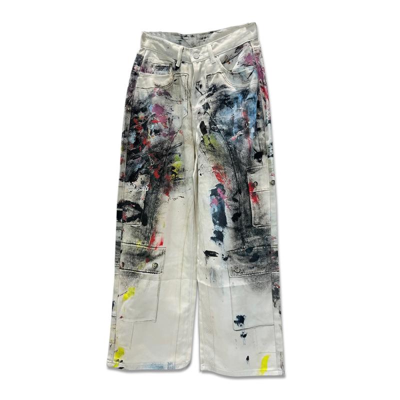 デニムパンツ メンズ ダメージ加工 ペンキスプラッター 絞り染め グラフィティプリント ワイドストレート ワークスタイル ストリートカジュアル