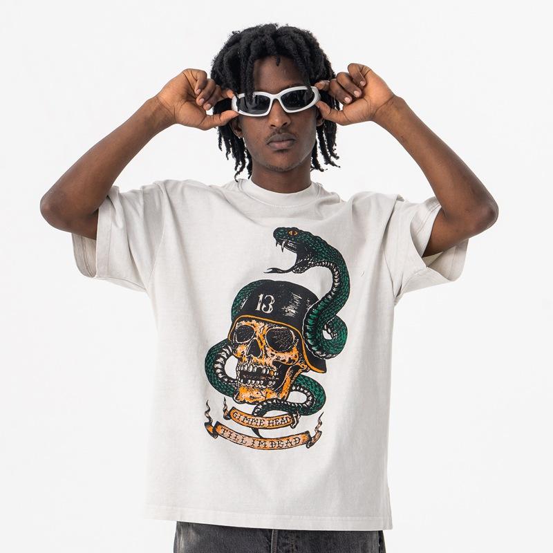 Tシャツ メンズ ゆったり ルーズフィット 綿素材 ヘビーウェイト ウォッシュ加工 クルーネック ストリート カジュアル コブラ スカル 兵士 プリント 半袖