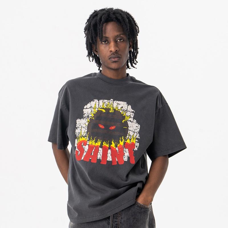 Tシャツ メンズ 春夏 火炎 悪魔 キャラクター 切り替え プリント クルーネック 丸首 ゆったり ルーズフィット 半袖 ドロップショルダー ストリート系 綿100% カジュアル カットソー